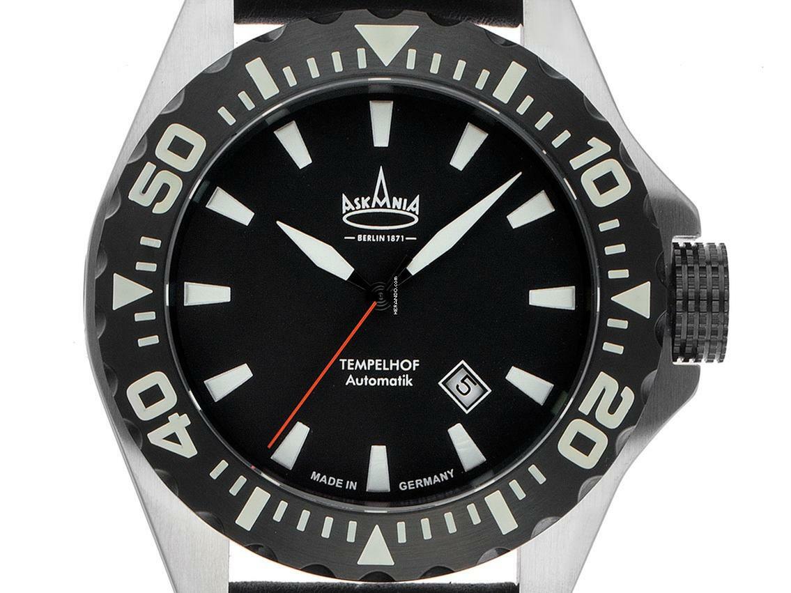  Askania Tempelhof Stahl Automatik Armband Leder 48mm Ref.TEM-6005 Box&Pap. Full Set Neu 