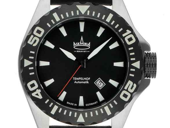  Askania Tempelhof Stahl Automatik Armband Leder 48mm Ref.TEM-6005 Box&Pap. Full Set Neu 