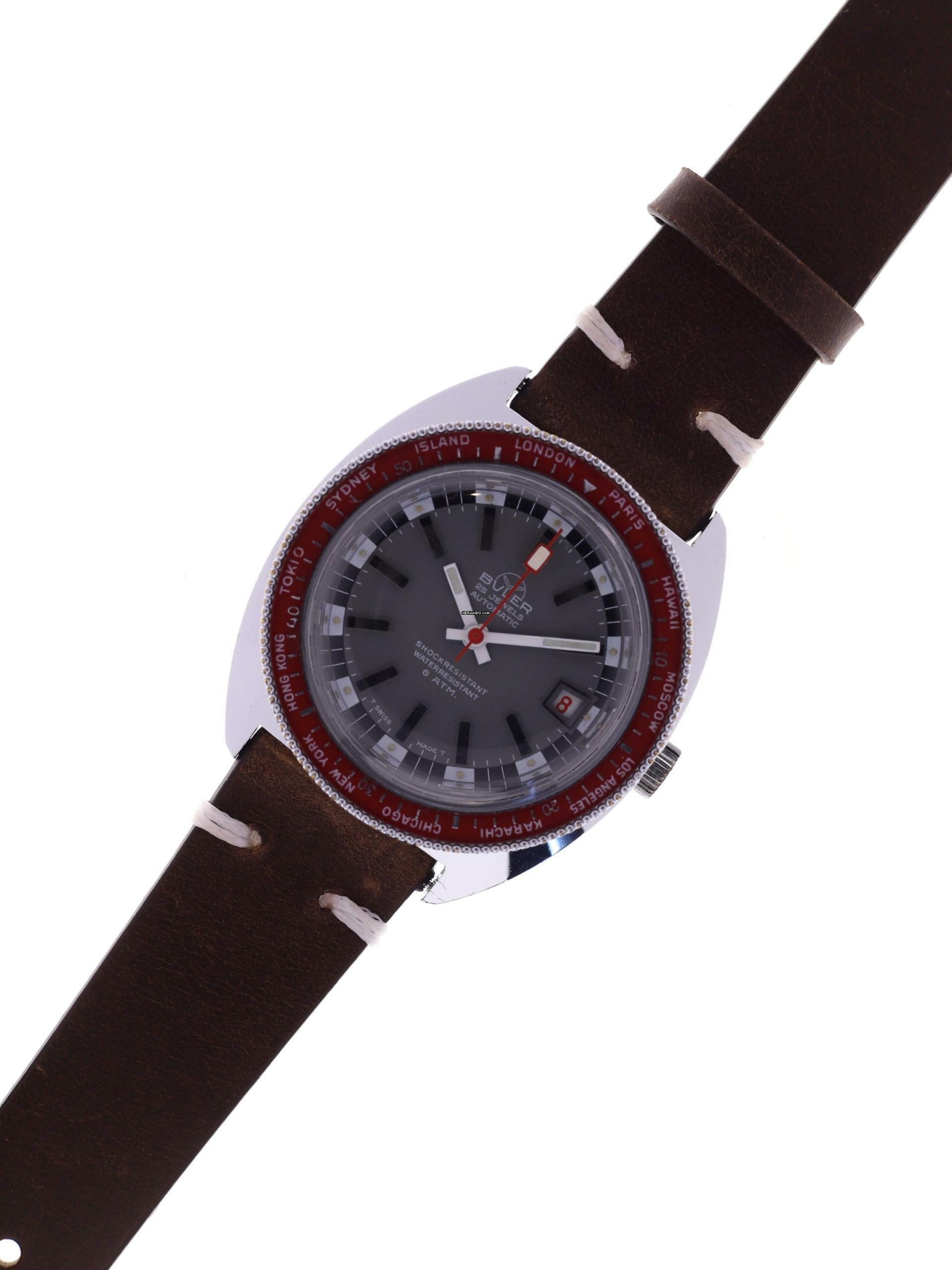 Thumbnail von Buler Gents automatic World Time Wristwatch 25 Jewel Automatic • Shock-Restistant • Waterresistant 6 ATM </h1>