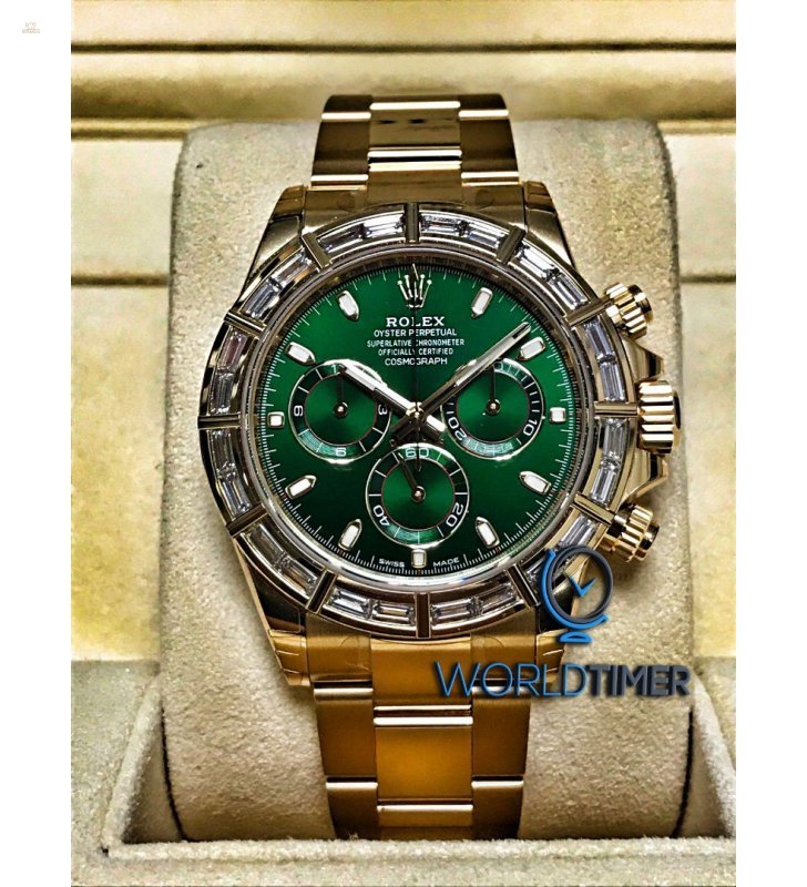 Rolex [NEW] Daytona Yellow Gold Green Dial Baguette Diamond Bezel 116568BR