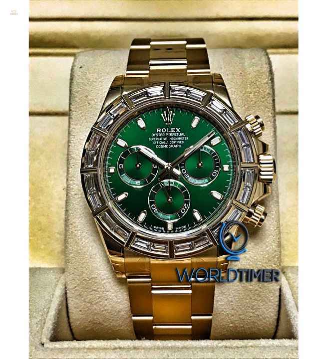 Rolex [NEW] Daytona Yellow Gold Green Dial Baguette Diamond Bezel 116568BR