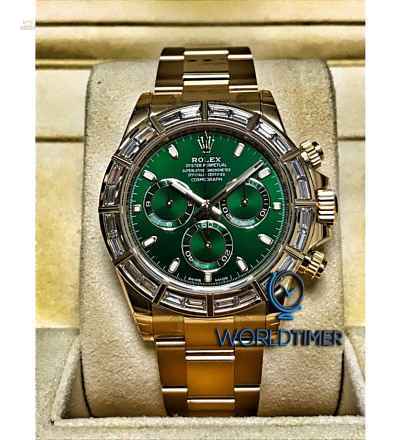 Rolex [NEW] Daytona Yellow Gold Green Dial Baguette Diamond Bezel 116568BR