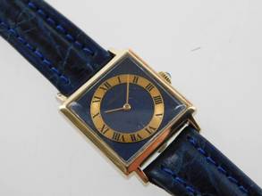 Thumbnail von Jaeger-LeCoultre Classic Cocktail Watch Lapis Damenuhr Vintage massiv 18 Karat Gelbgold mit Lederband