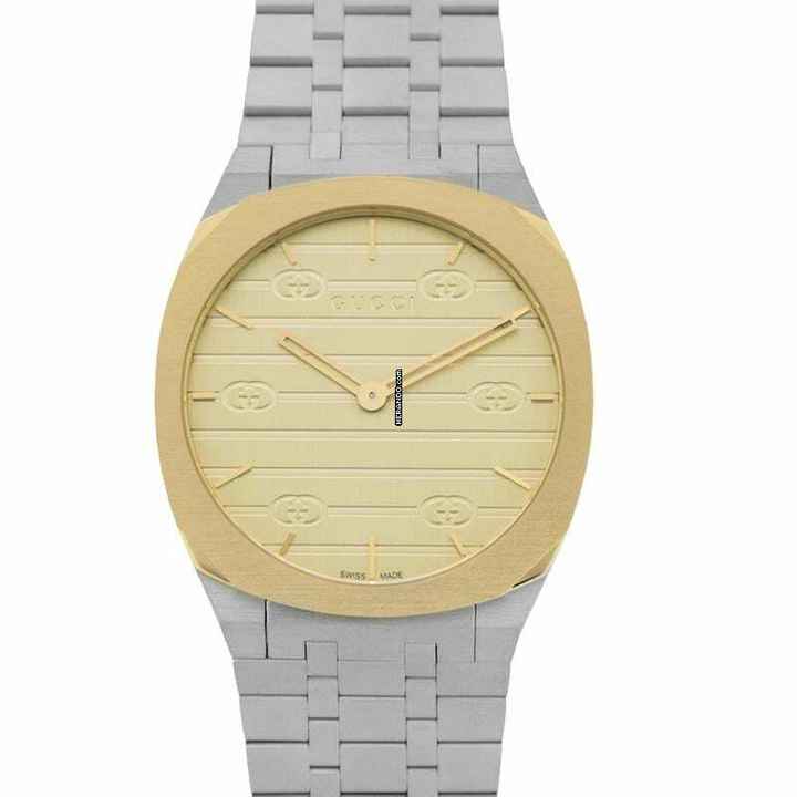  Gucci YA163405 - 25H Quartz Gold-tone Dial Stainless Steel Unisex Watch </h1> 