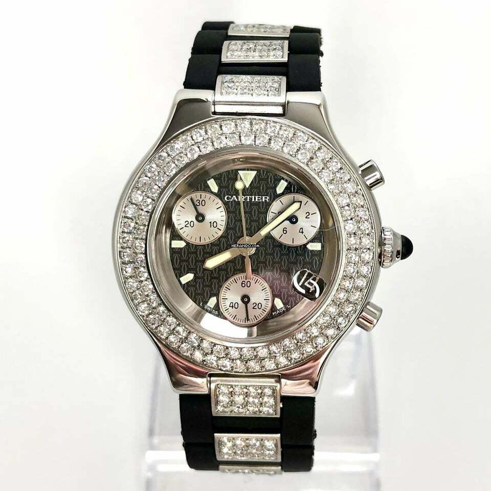  Cartier 21 Chronoscaph Chronograph 2424 Quartz Steel 38mm 4.44TCW DIAMOND Watch </h1> 