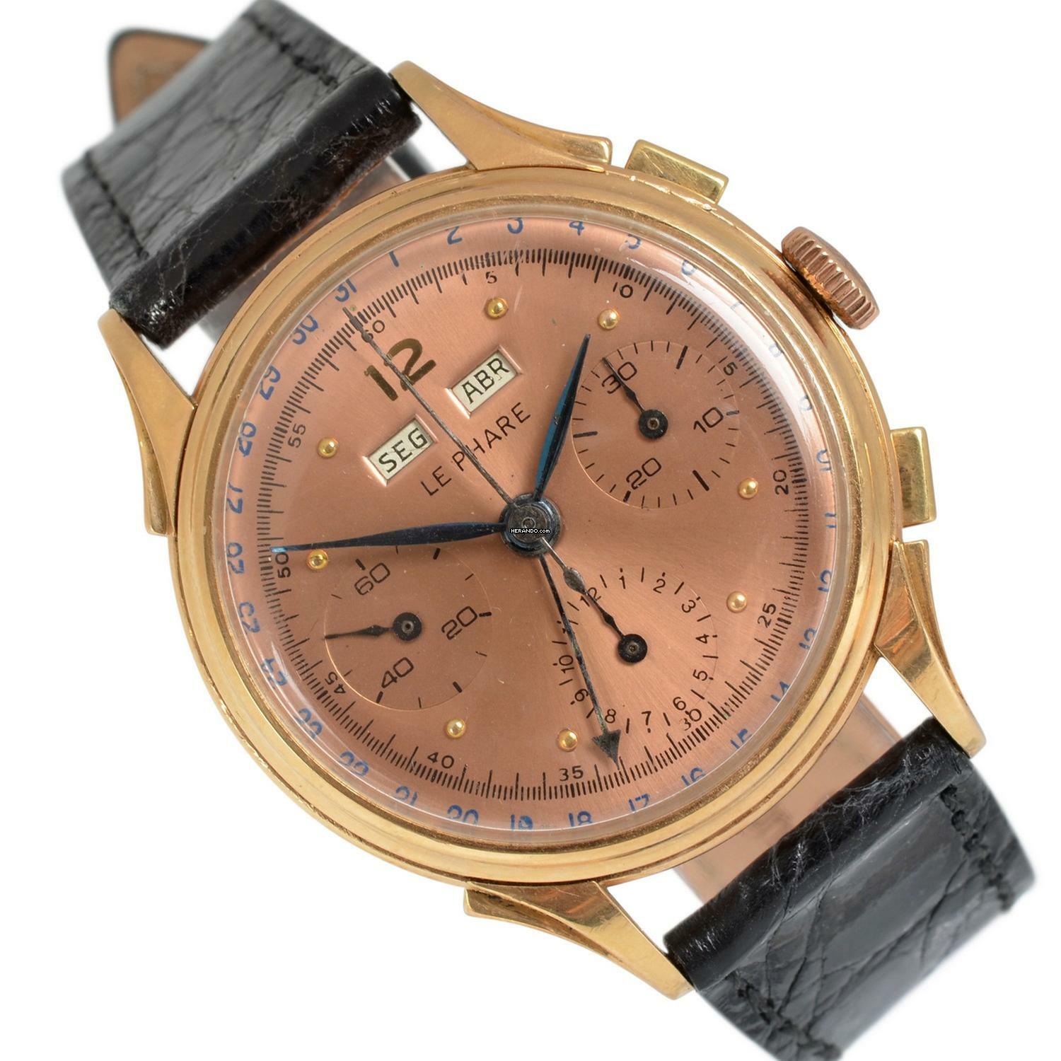 LE PHARE Chronograph Dato Compax Pink salmon dial rose gold 18KT 1950’s </h1>