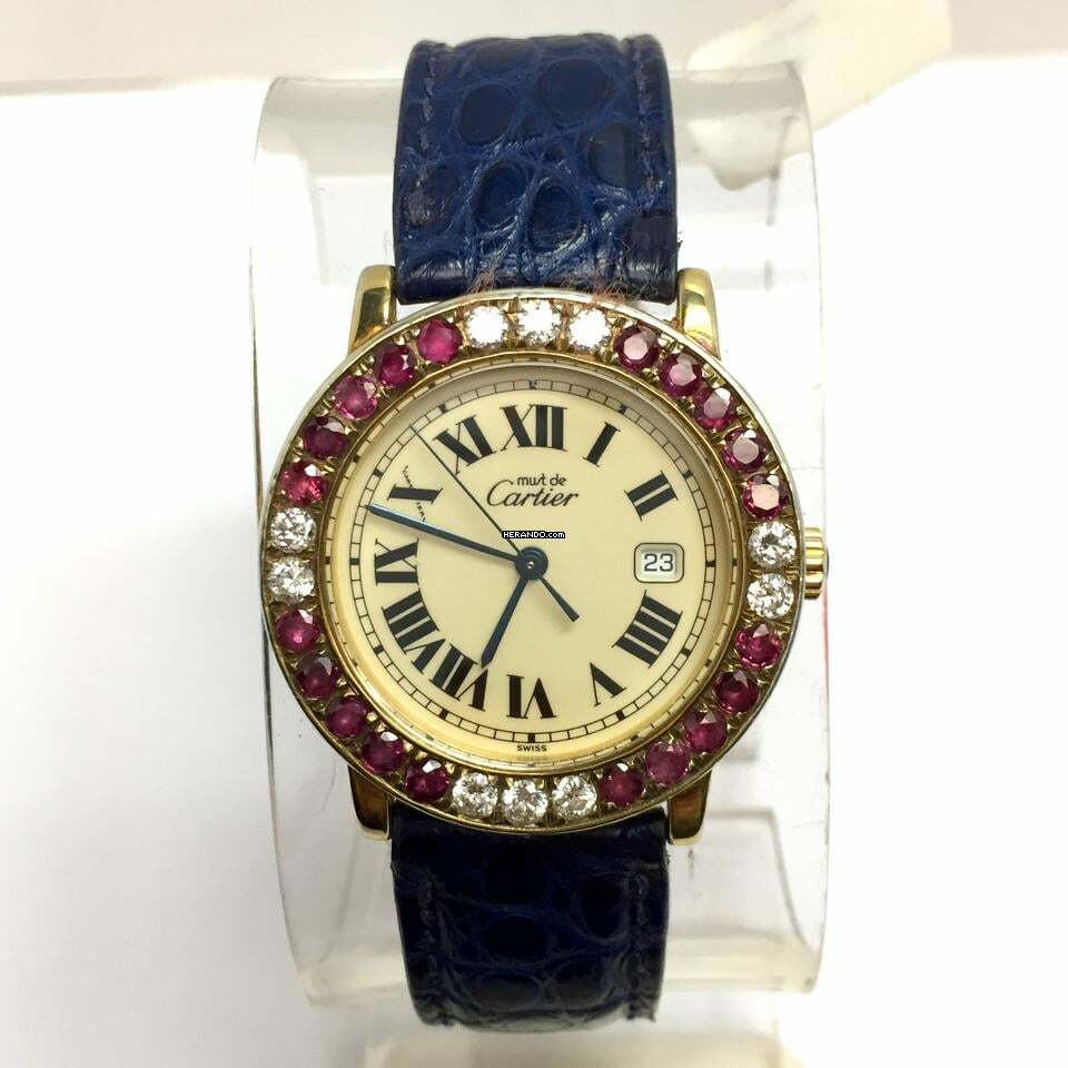 Cartier RONDE 32mm Quartz GP Silver Diamonds & Red Rubies Watch </h1> 