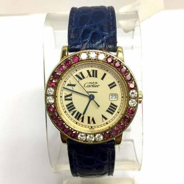  Cartier RONDE 32mm Quartz GP Silver Diamonds & Red Rubies Watch </h1> 