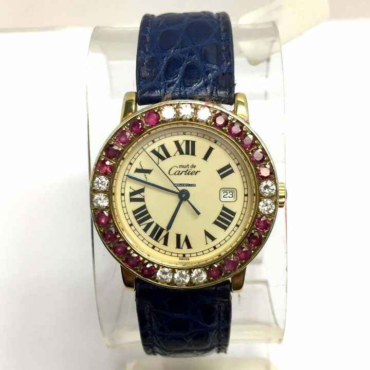 Cartier RONDE 32mm Quartz GP Silver Diamonds & Red Rubies Watch </h1> 