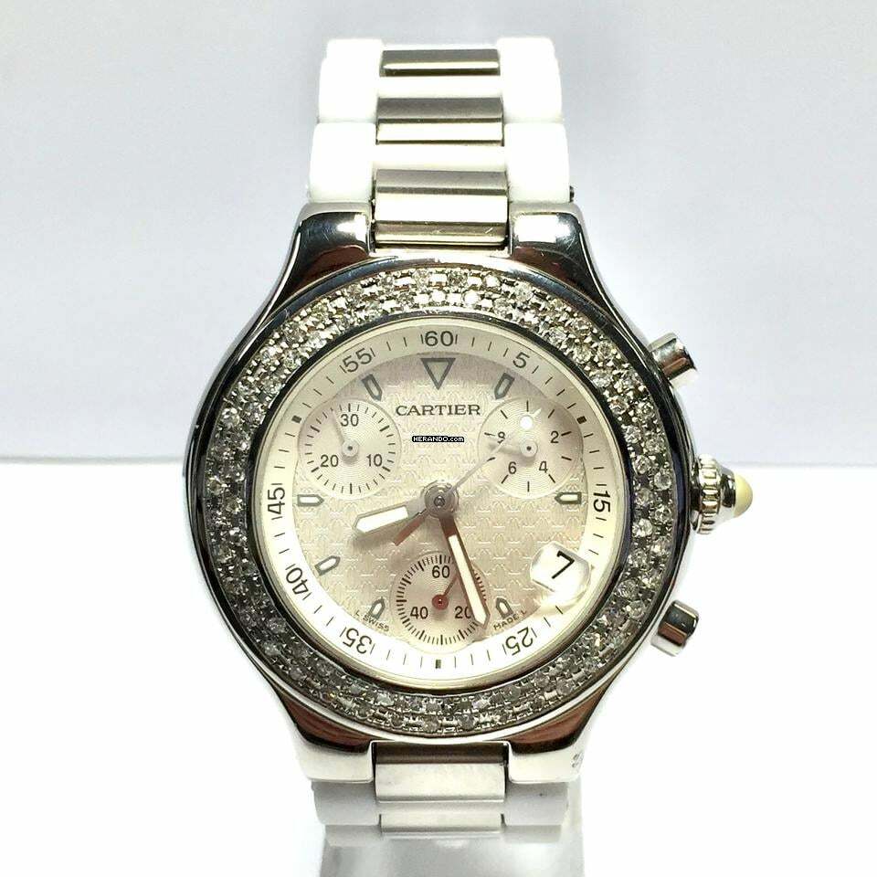  Cartier 21 Chronoscaph Chronograph 2424 Quartz 38mm Steel 2.38TCW DIAMOND Watch </h1> 