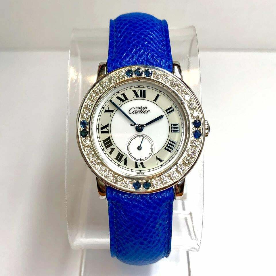 Cartier RONDE 32mm Quartz Silver 1.01TCW DIAMONDS & Blue SAPPHIRES Watch </h1>