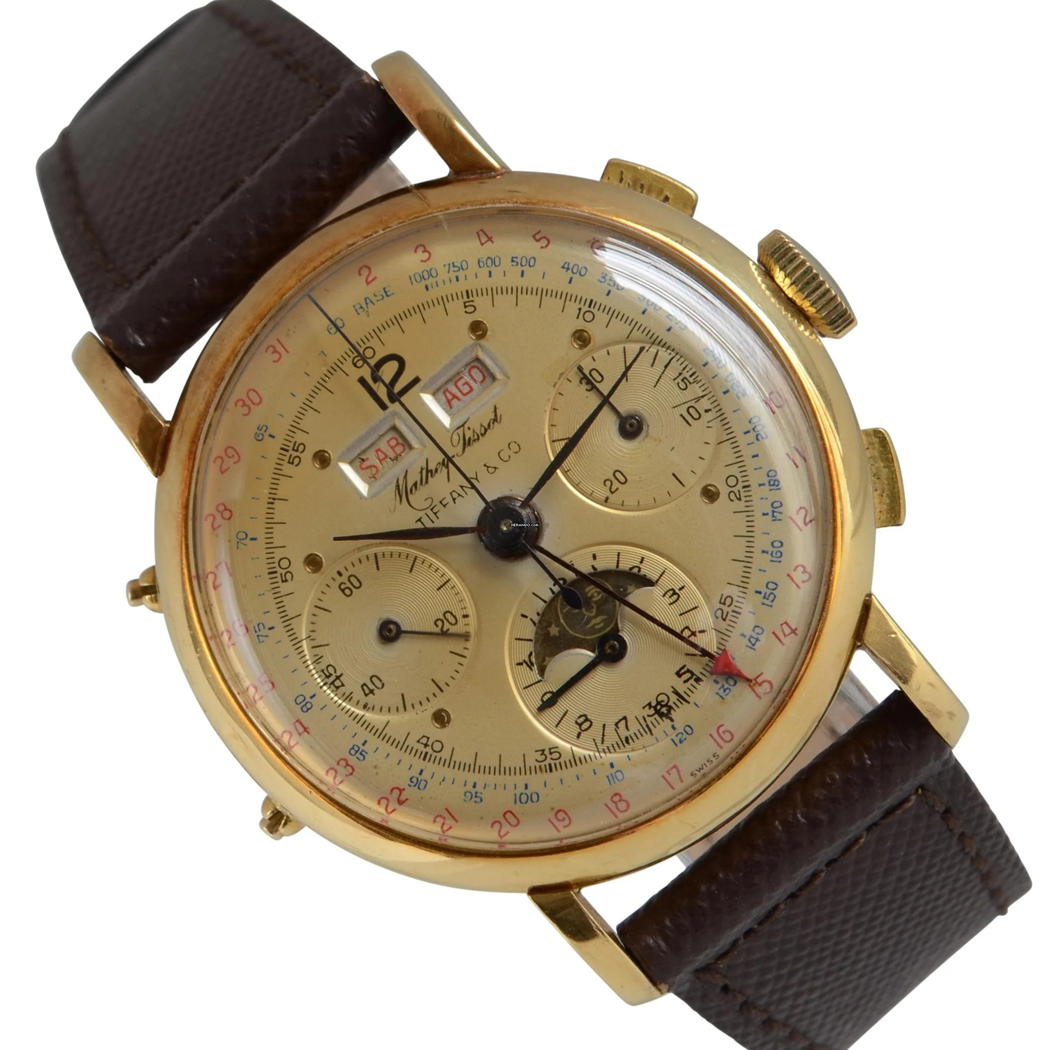 Mathey-Tissot by Tiffany & Co chronograph Day-Date Moonphase yellow gold 18KT 1960’s </h1>