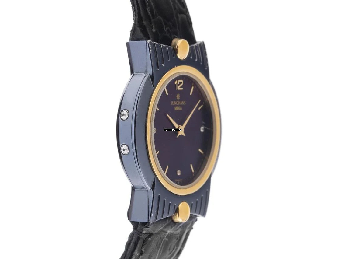 Thumbnail von Junghans Mega Funkuhr Stahl Gelbgold Quarz Armband Leder Klappschließe 29mm Ref.037/3300 Vintage Bj.1993 Box&Pap. Full Set