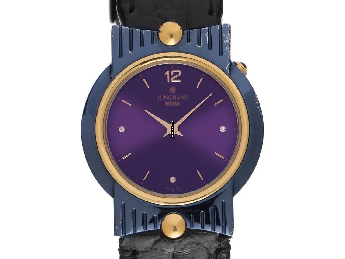  Junghans Mega Funkuhr Stahl Gelbgold Quarz Armband Leder Klappschließe 29mm Ref.037/3300 Vintage Bj.1993 Box&Pap. Full Set  