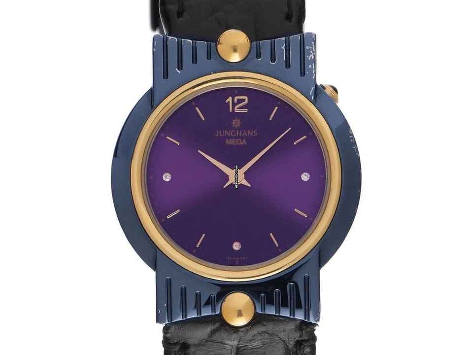  Junghans Mega Funkuhr Stahl Gelbgold Quarz Armband Leder Klappschließe 29mm Ref.037/3300 Vintage Bj.1993 Box&Pap. Full Set  