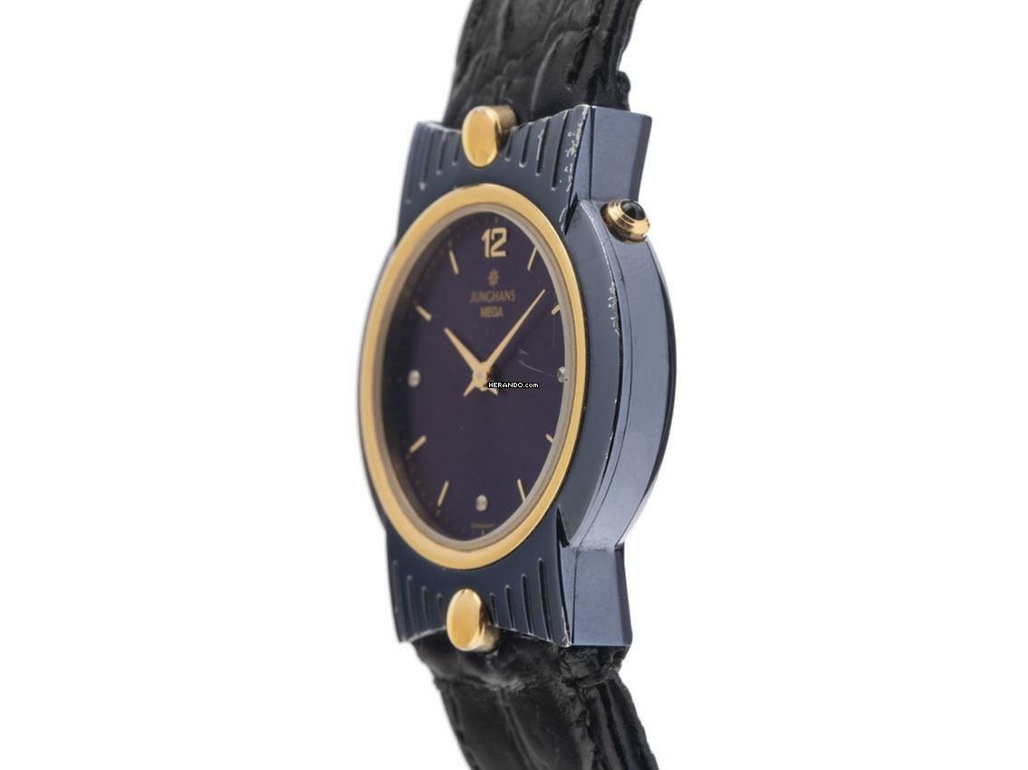 Thumbnail von Junghans Mega Funkuhr Stahl Gelbgold Quarz Armband Leder Klappschließe 29mm Ref.037/3300 Vintage Bj.1993 Box&Pap. Full Set