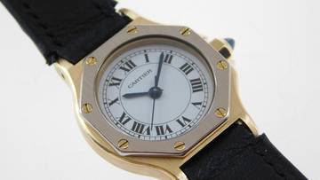 Thumbnail von Cartier Santos 18 Karat Gelbgold Santos Octagon Automatik Damenuhr mit seltener Weißgoldlünette </h1>