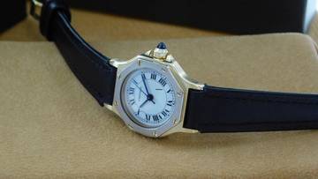 Thumbnail von Cartier Santos 18 Karat Gelbgold Santos Octagon Automatik Damenuhr mit seltener Weißgoldlünette </h1>