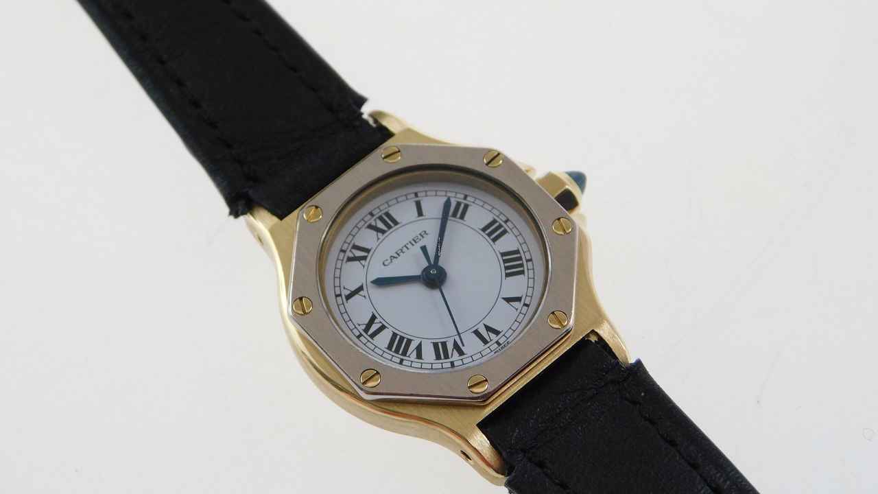  Cartier Santos 18 Karat Gelbgold Santos Octagon Automatik Damenuhr mit seltener Weißgoldlünette </h1> 