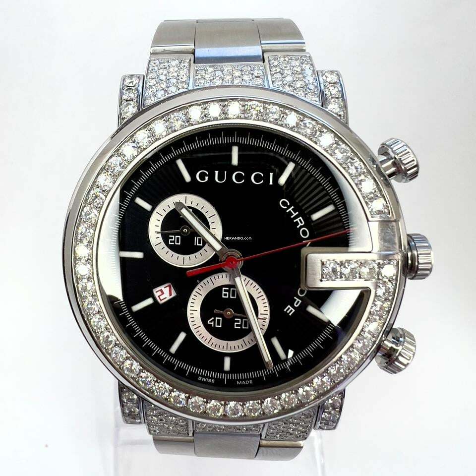  Gucci G Chronograph Quartz 44mm Steel 3.65TCW Diamond Watch </h1> 