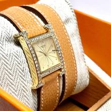 Thumbnail von Hermès Heure H 25mm Two Tone 0.91TCW DIAMONDS Hermès Double Tour Brown Leather Band  Watch </h1>
