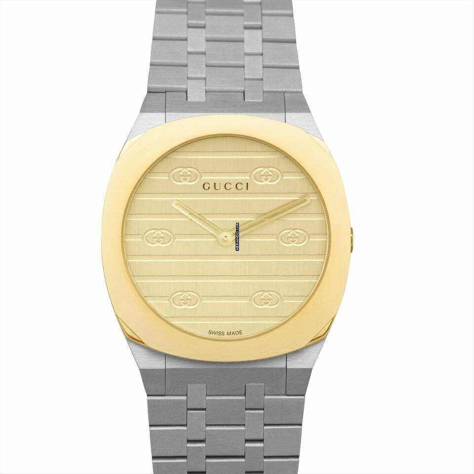  Gucci YA163502 - 25H Quartz Gold-tone Dial Stainless Steel Ladies Watch </h1> 