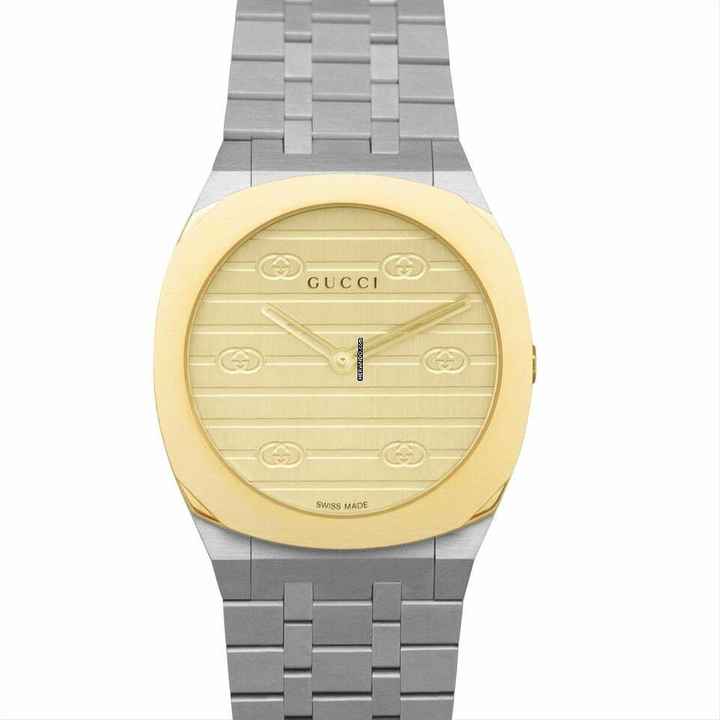  Gucci YA163502 - 25H Quartz Gold-tone Dial Stainless Steel Ladies Watch </h1> 