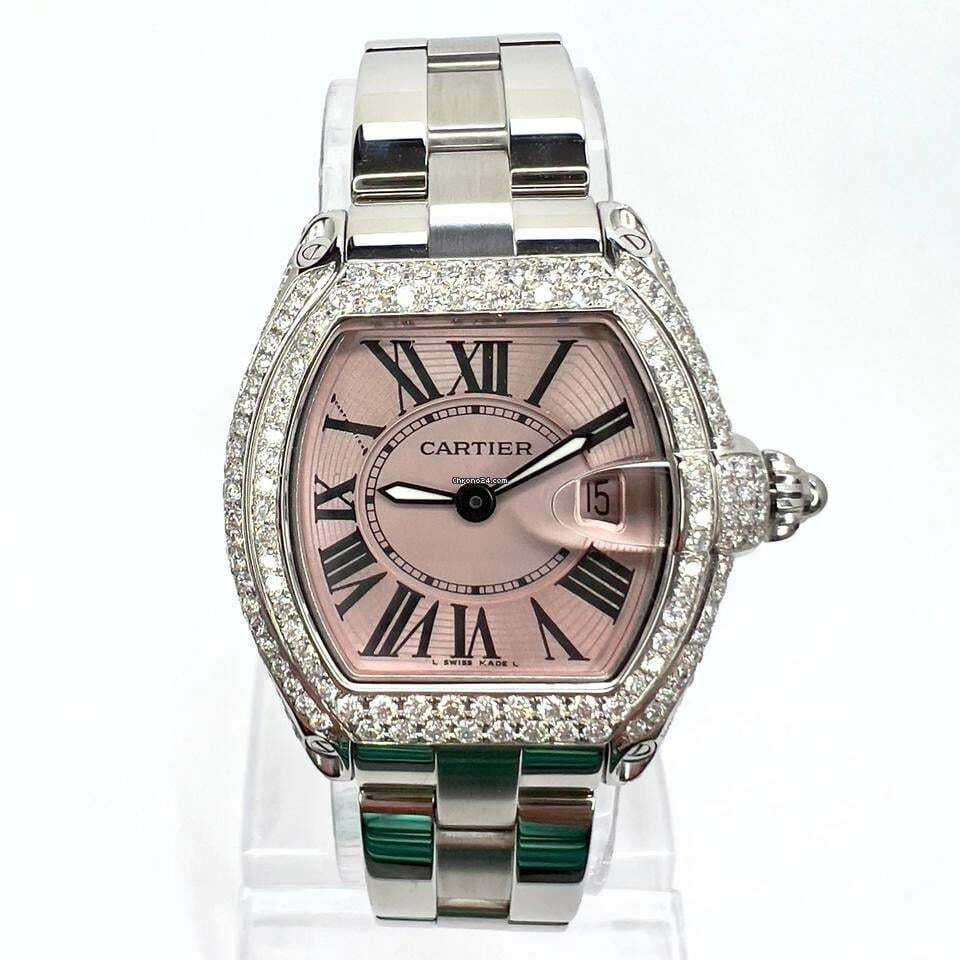 Cartier Roadster Quartz Steel 31mm Pink Dial 3.20TCW DIAMOND Watch </h1>