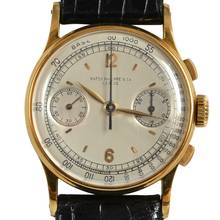 Thumbnail von Patek Philippe Chronograph 130 indelible silver dial yellow gold 18KT 1946's </h1>