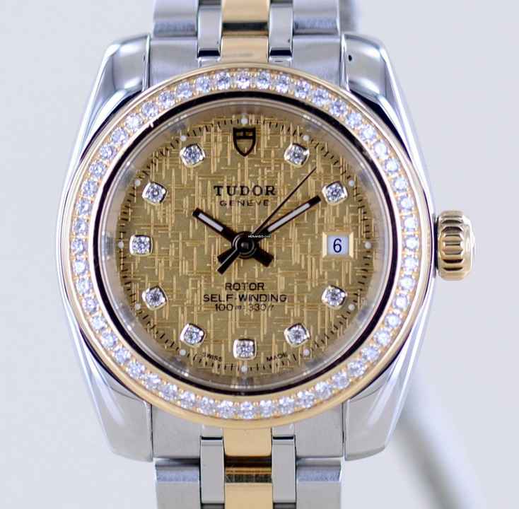  Tudor Classic Date 28mm Lady Champagner Linen Diamond Dial Bezel Stahl-Gold rar </h1> 
