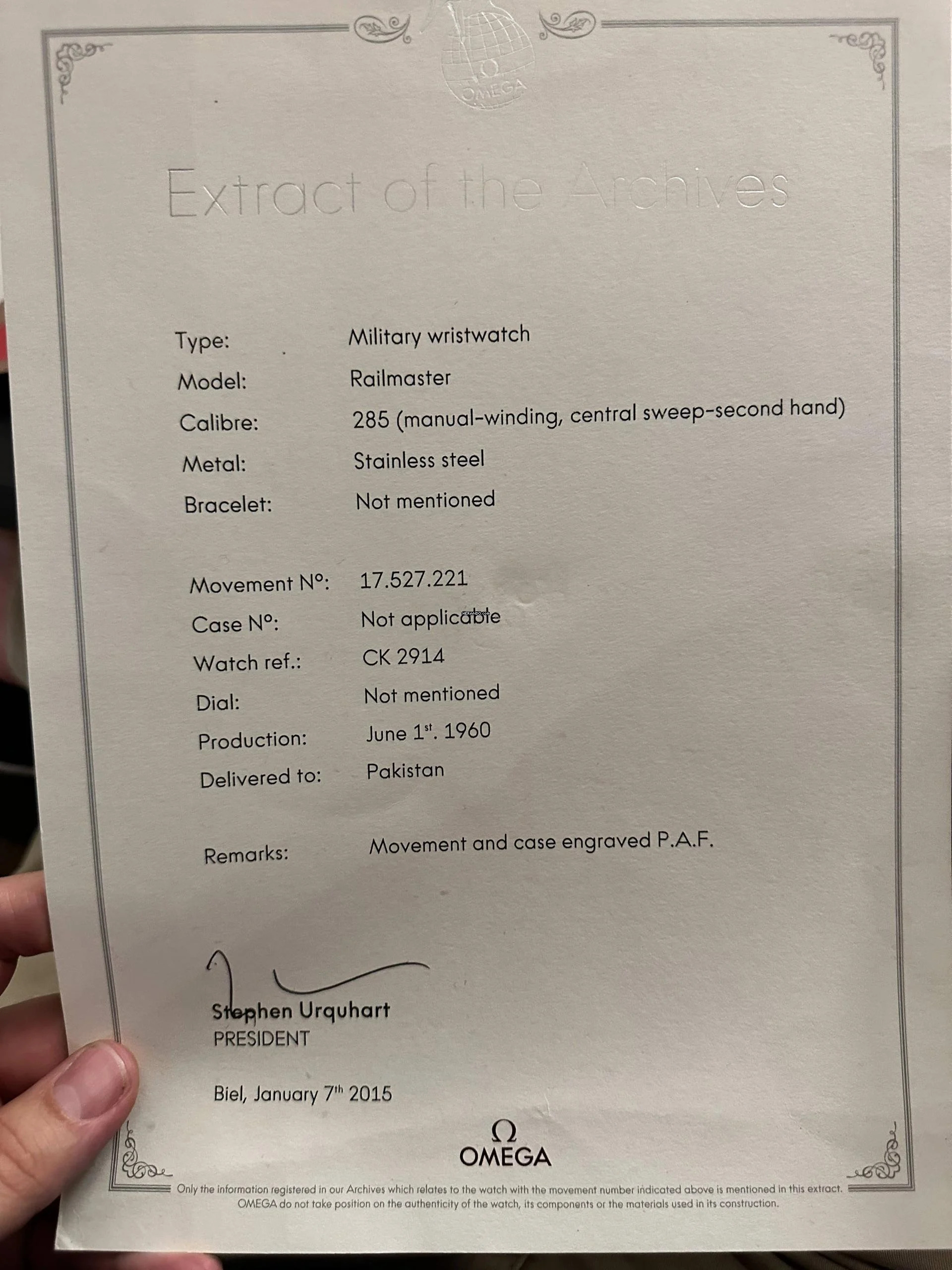 Thumbnail von Omega Seamaster Railmaster Broad Arrow Seamaster Railmaster 2914 Vintage PAF Pakistani Air Force Chocolate Dial EXTRACT Investment Grade 2914