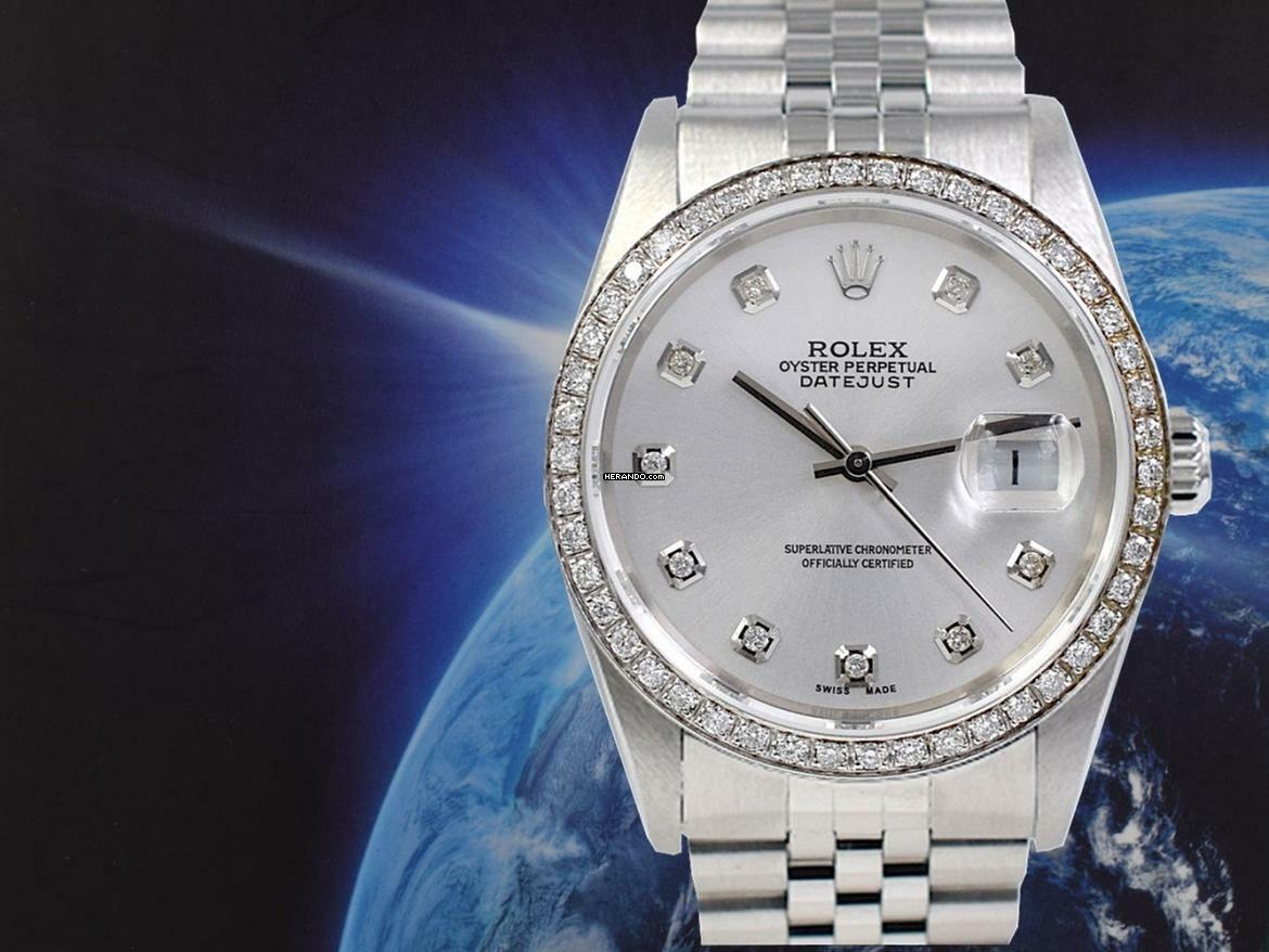 Rolex Datejust 36 16234 Silver Diamonds Dial & After Diamonds Bezel - Full Set 36mm </h1> 