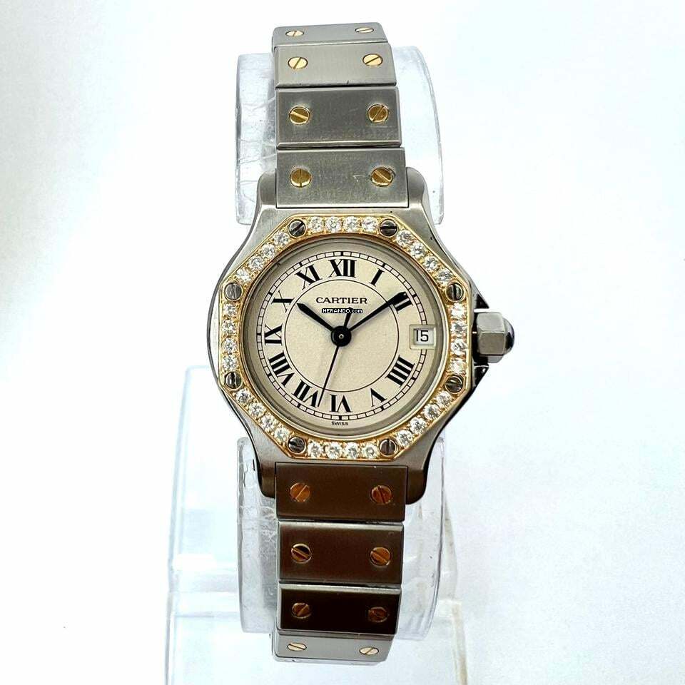  Cartier Santos OCTAGON 25mm Quartz 2 Tone 0.40TCW Diamond Watch  NEW Model </h1> 