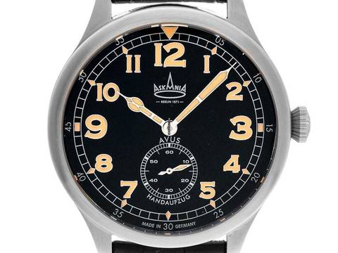  Askania Avus Stahl Handaufzug Armband Leder 42mm Ref.AVU-3642 Box&Pap. Full Set Neu 