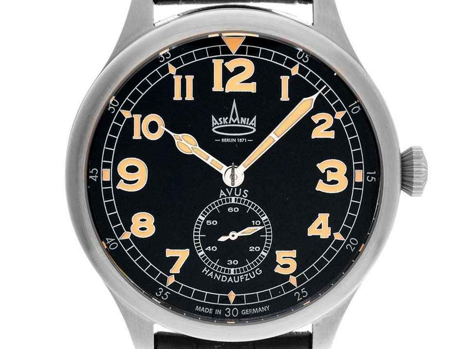  Askania Avus Stahl Handaufzug Armband Leder 42mm Ref.AVU-3642 Box&Pap. Full Set Neu 