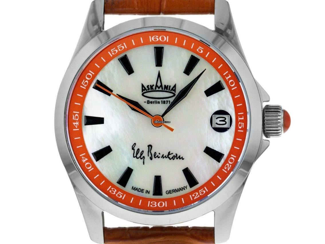  Askania Elly Beinhorn Stahl Perlmutt Automatik Armband Leder 34mm Ref.BEI-7851 Box&Pap. Full Set Neu 