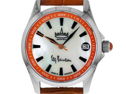  Askania Elly Beinhorn Stahl Perlmutt Automatik Armband Leder 34mm Ref.BEI-7851 Box&Pap. Full Set Neu 