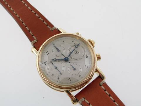  Chronoswiss Chronometer Chronograph Automatik massiv 18 Karat Gelbgold mit Glasboden im Top Zustand </h1> 