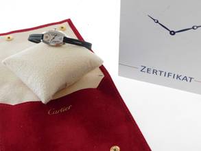 Thumbnail von Cartier Tonneau 18 Karat Weißgold Tonneau Damenuhr mit neuem original band und original Weißgold Schließe </h1>