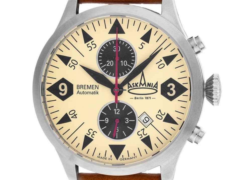  Askania Bremen Stahl Automatik Armband Leder 43mm Ref.BRE-4401 Box&Pap. Full Set Neu 