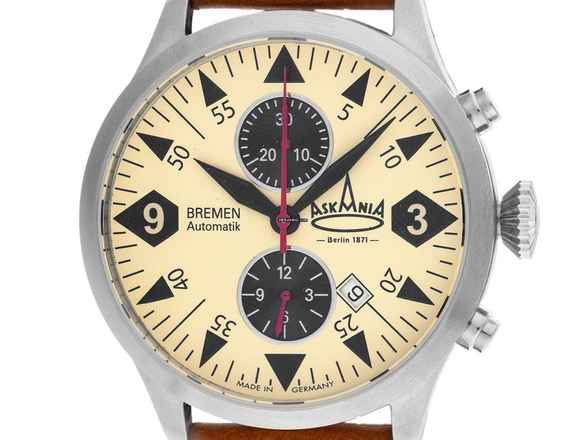  Askania Bremen Stahl Automatik Armband Leder 43mm Ref.BRE-4401 Box&Pap. Full Set Neu 