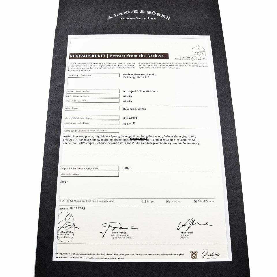 Thumbnail von A. Lange & Söhne Louis XV Taschenuhr Gelbgold 1908 Archivauszug Revision beim Hersteller