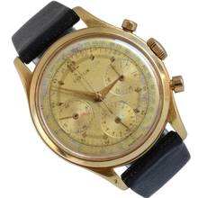  Gübelin Chronograph Jumbo champagne dial valjoux 72 yellow gold 18KT 1950’s  