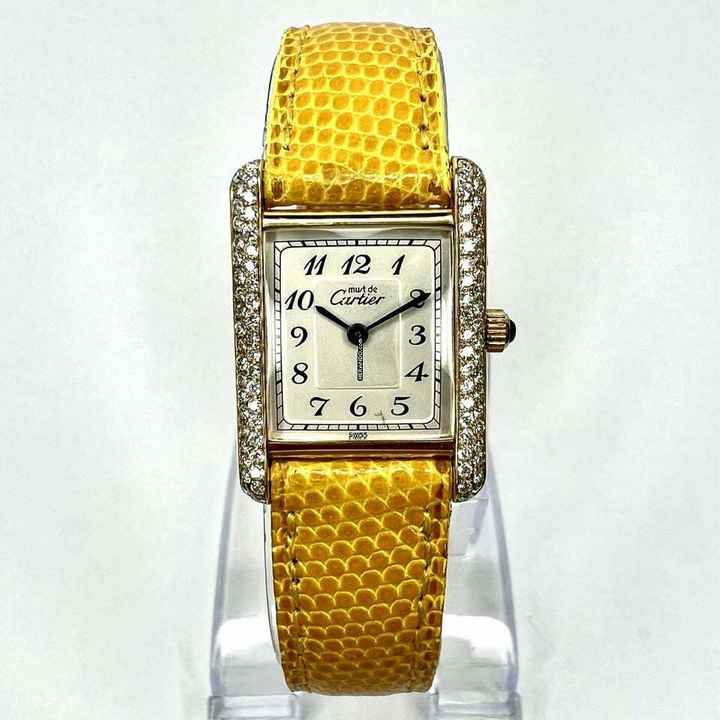 Cartier Tank Quartz 20mm Gold Plated Silver 0.5TCW Diamond Watch </h1> 