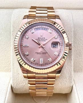  Rolex Day-Date II Rosegold Pink Baguette Diamond Dial 41mm Top Condition with Box+Papers 