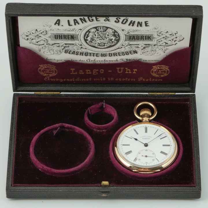  A. Lange & Söhne 18k Gold Qualität 1A Taschenuhr 1898 Original Etui und Zertifikat Sehr schöner Zustand </h1> 