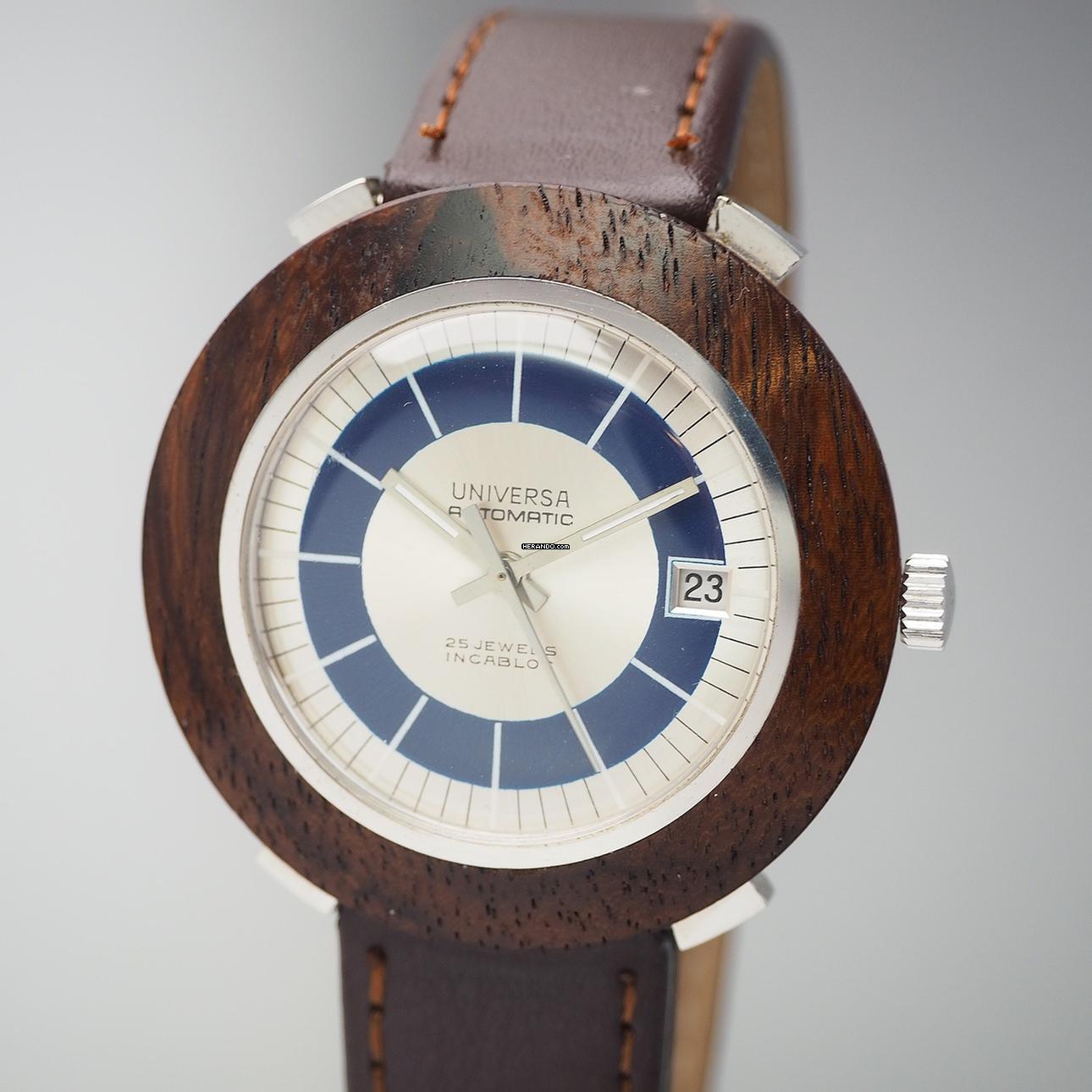 Universa Watch automatyczny Date WOOD Silver 925 RARE