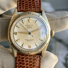 Thumbnail von Rolex Oyster Perpetual 34 6085 Bubbleback Explorer radium dial yellow gold 10KT 1951’s </h1>