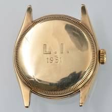 Thumbnail von Rolex Oyster Perpetual 34 6085 Bubbleback Explorer radium dial yellow gold 10KT 1951’s </h1>