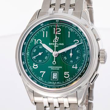  Breitling Premier B01 Chronograph 42 Green AB0145371L1A1 NEW 03/2025 Full Set Stickers Unworn 